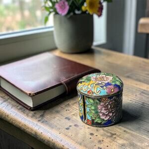 Vtg Cloisonné Enamel Postage Stamp Dispenser Holder Floral Cottagecore Office